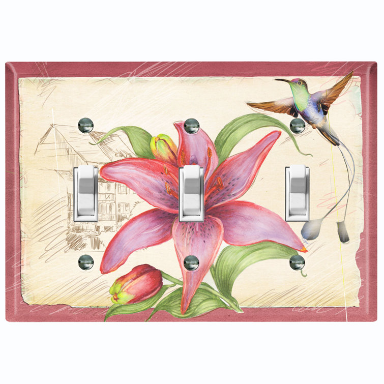 WorldAcc Red Flowers Humming Bird Barn House Beige 3Gang Toggle Light